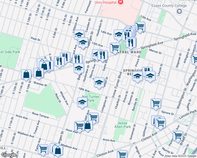 map of restaurants, bars, coffee shops, grocery stores, and more near 78 17th Avenue in Newark