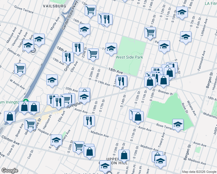 map of restaurants, bars, coffee shops, grocery stores, and more near 714 South 17th Street in Newark