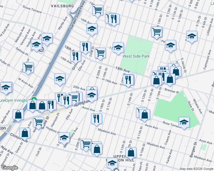 map of restaurants, bars, coffee shops, grocery stores, and more near 731 South 18th Street in Newark