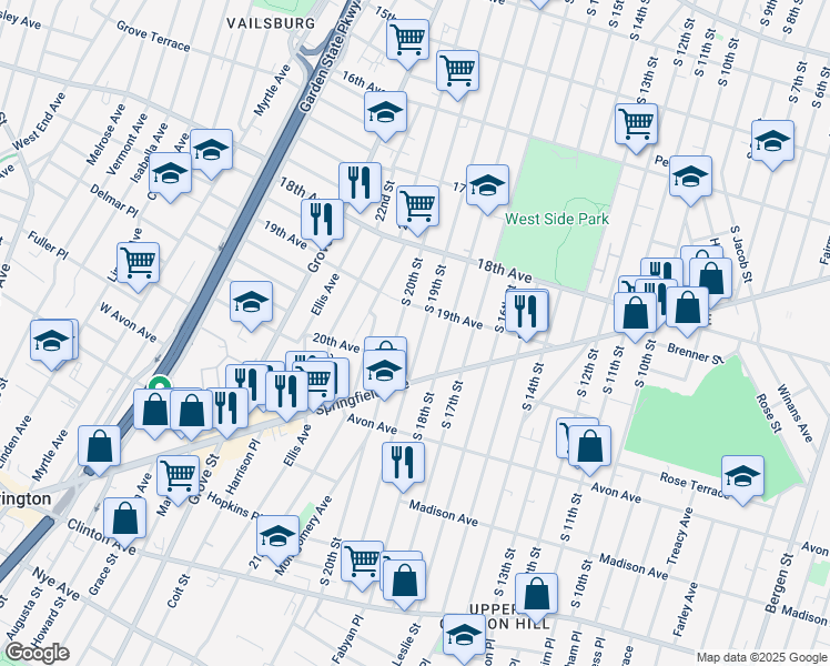 map of restaurants, bars, coffee shops, grocery stores, and more near 731 South 18th Street in Newark
