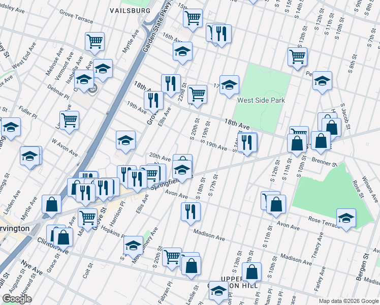 map of restaurants, bars, coffee shops, grocery stores, and more near 743 South 20th Street in Newark