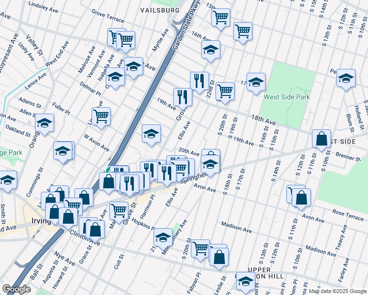 map of restaurants, bars, coffee shops, grocery stores, and more near 35 20th Avenue in Irvington