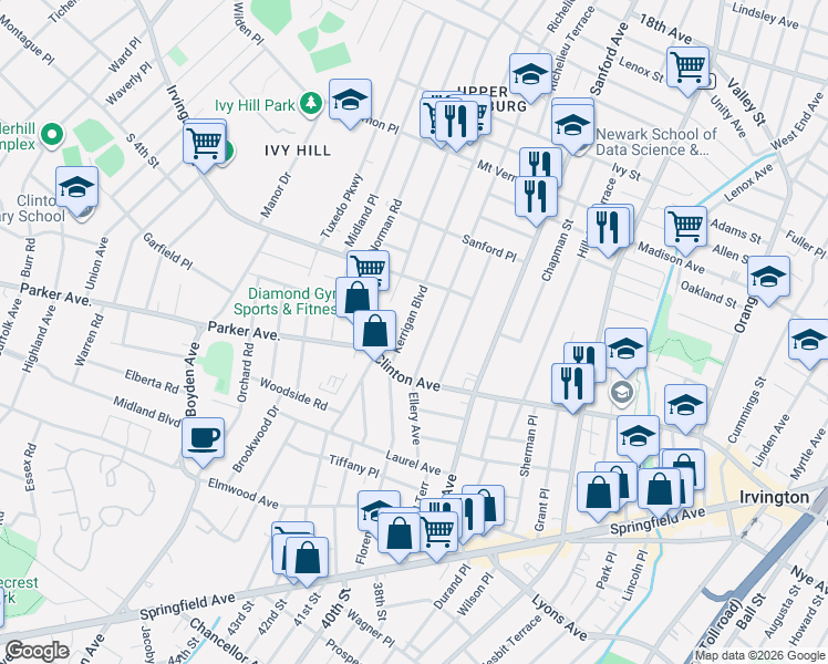 map of restaurants, bars, coffee shops, grocery stores, and more near 101 Ellery Avenue in Irvington