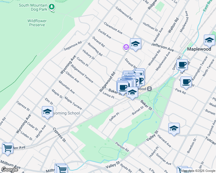 map of restaurants, bars, coffee shops, grocery stores, and more near 123 Baker Street in Maplewood