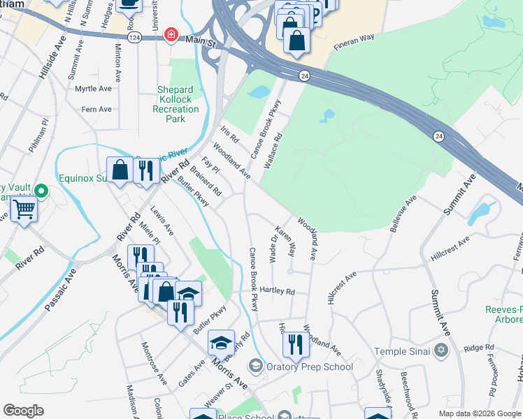 map of restaurants, bars, coffee shops, grocery stores, and more near 14 Karen Way in Summit