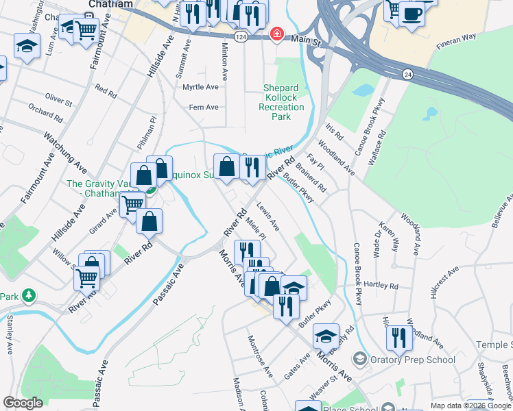 map of restaurants, bars, coffee shops, grocery stores, and more near 55 River Road in Summit