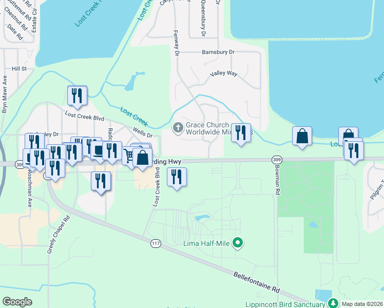 map of restaurants, bars, coffee shops, grocery stores, and more near 2575 Harding Highway in Lima