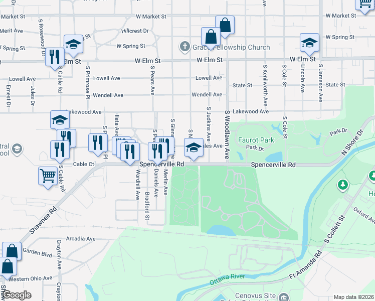 map of restaurants, bars, coffee shops, grocery stores, and more near 843 South Glenwood Avenue in Lima