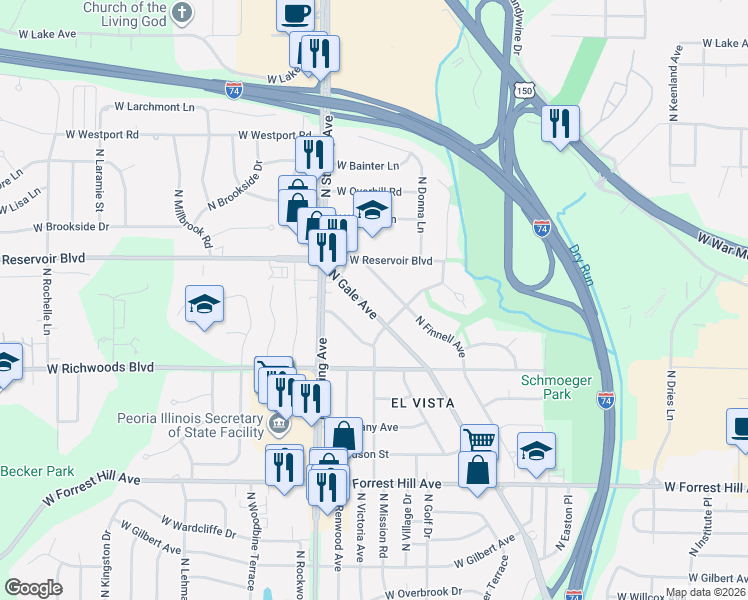 map of restaurants, bars, coffee shops, grocery stores, and more near 3514 North Gale Avenue in Peoria