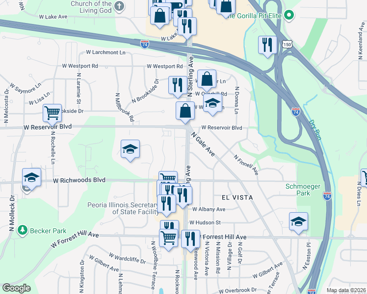 map of restaurants, bars, coffee shops, grocery stores, and more near 3602 North Rockwood Road in Peoria