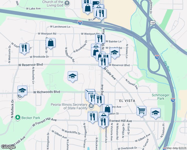 map of restaurants, bars, coffee shops, grocery stores, and more near 3603 North Woodbine Terrace in Peoria