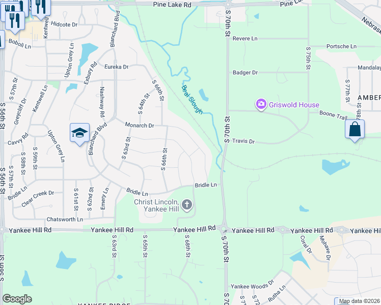 map of restaurants, bars, coffee shops, grocery stores, and more near 7918 South 67th Street in Lincoln