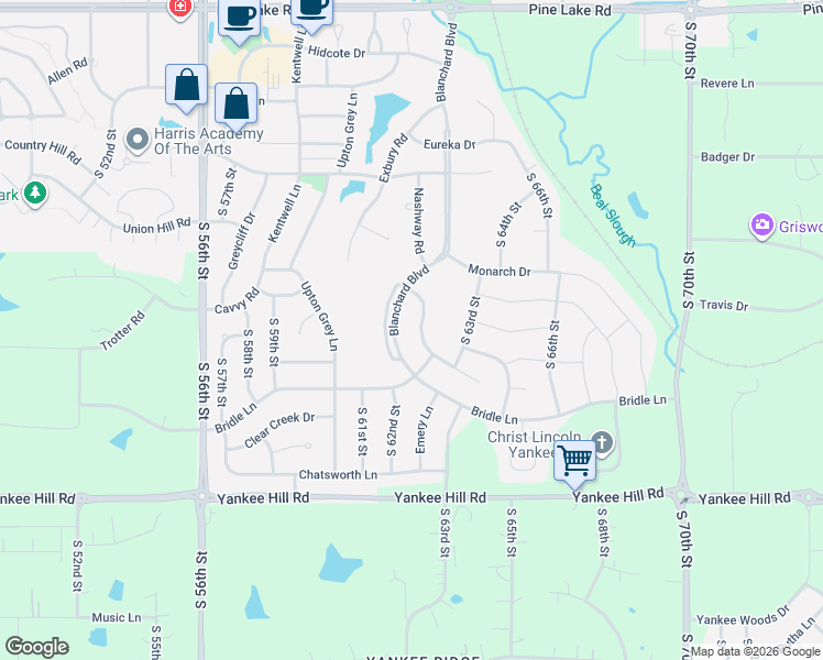 map of restaurants, bars, coffee shops, grocery stores, and more near 7951 Nashway Road in Lincoln