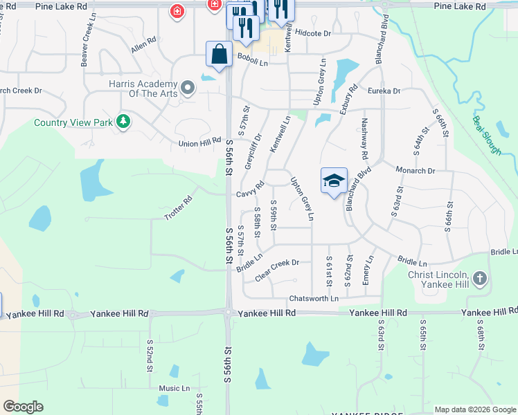 map of restaurants, bars, coffee shops, grocery stores, and more near 7927 South 59th Street in Lincoln