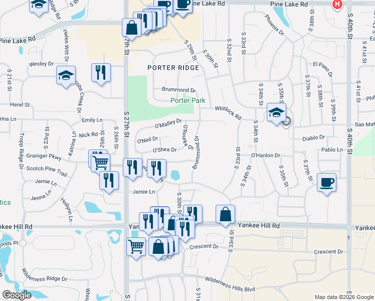 map of restaurants, bars, coffee shops, grocery stores, and more near 3039 O'Shea Drive in Lincoln