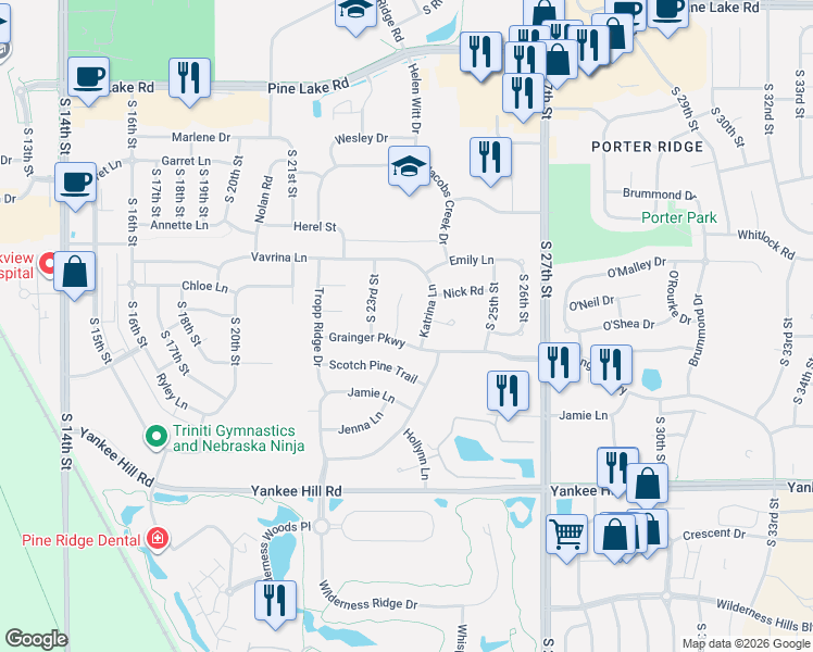map of restaurants, bars, coffee shops, grocery stores, and more near 2320 Grainger Parkway in Lincoln