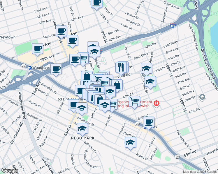 map of restaurants, bars, coffee shops, grocery stores, and more near 98-05 63rd Drive in Queens