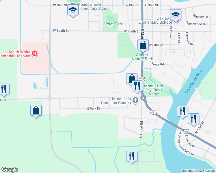 map of restaurants, bars, coffee shops, grocery stores, and more near 209 Sandalwood Drive in Monticello