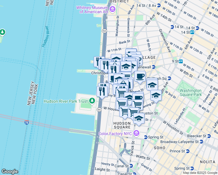map of restaurants, bars, coffee shops, grocery stores, and more near 100 Morton Street in New York