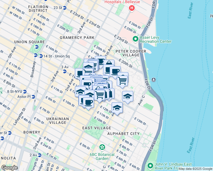 map of restaurants, bars, coffee shops, grocery stores, and more near 455 East 14th Street in New York