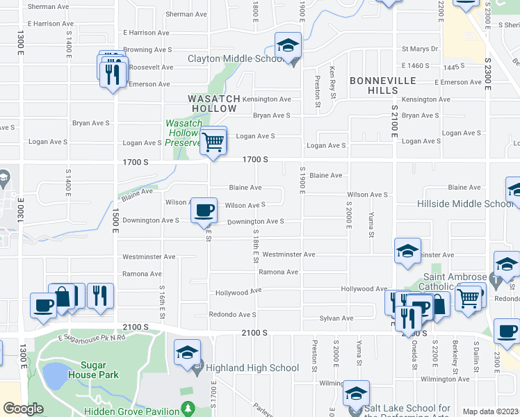 map of restaurants, bars, coffee shops, grocery stores, and more near 1802 Wilson Avenue South in Salt Lake City