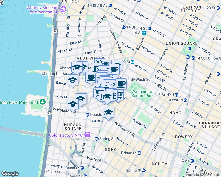 map of restaurants, bars, coffee shops, grocery stores, and more near 18-20 Cornelia Street in New York