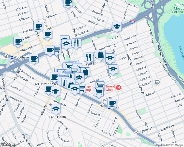 map of restaurants, bars, coffee shops, grocery stores, and more near 9851 64th Avenue in Queens