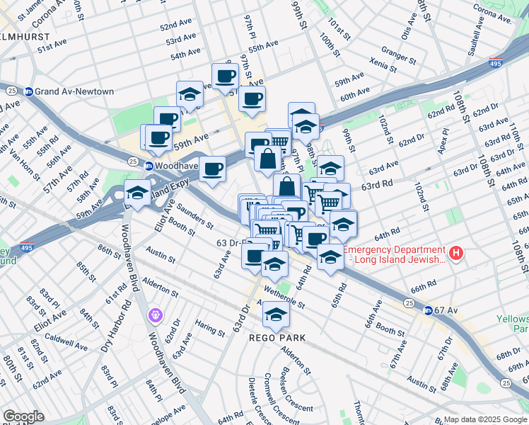 map of restaurants, bars, coffee shops, grocery stores, and more near 95-25 Queens Boulevard in Queens