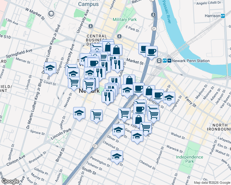 map of restaurants, bars, coffee shops, grocery stores, and more near 59 Columbia Street in Newark