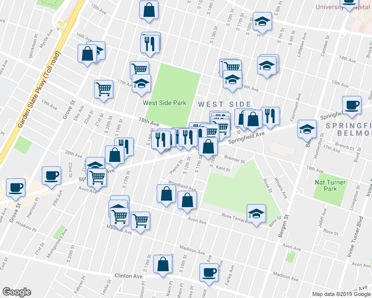 map of restaurants, bars, coffee shops, grocery stores, and more near 572 Springfield Avenue in Newark