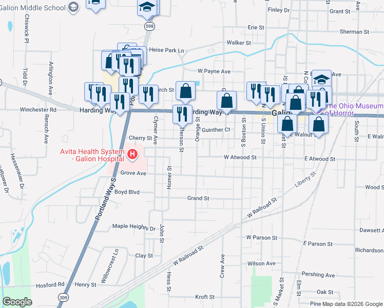 map of restaurants, bars, coffee shops, grocery stores, and more near 246 Orange Street in Galion