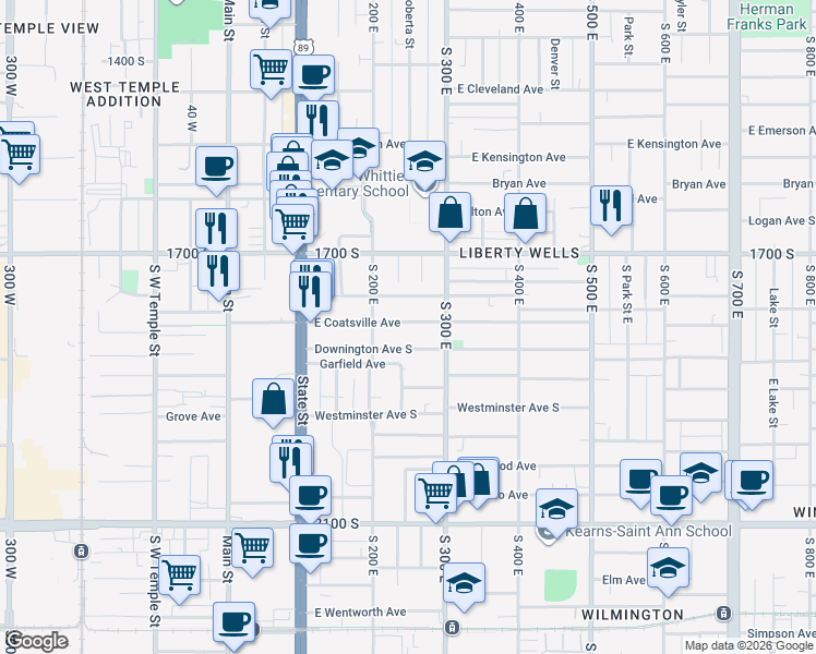 map of restaurants, bars, coffee shops, grocery stores, and more near 242 East Coatsville Avenue in Salt Lake City