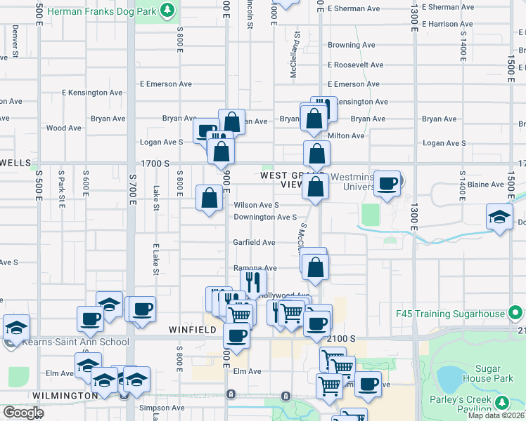 map of restaurants, bars, coffee shops, grocery stores, and more near 970 Wilson Avenue South in Salt Lake City