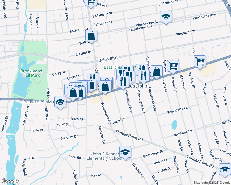 map of restaurants, bars, coffee shops, grocery stores, and more near 42 East Main Street in East Islip