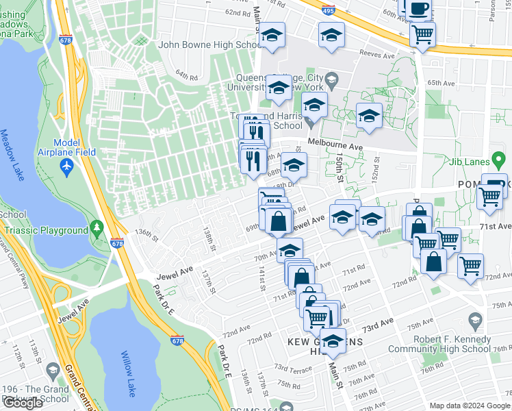 map of restaurants, bars, coffee shops, grocery stores, and more near 140-33 69th Avenue in Queens