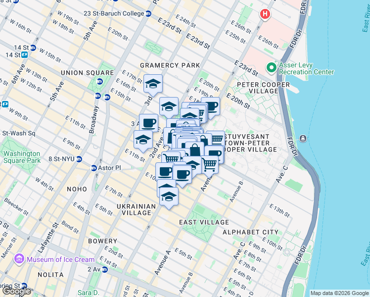 map of restaurants, bars, coffee shops, grocery stores, and more near 356 East 14th Street in New York