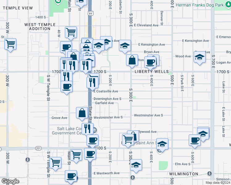 map of restaurants, bars, coffee shops, grocery stores, and more near 222 East Coatsville Avenue in Salt Lake City