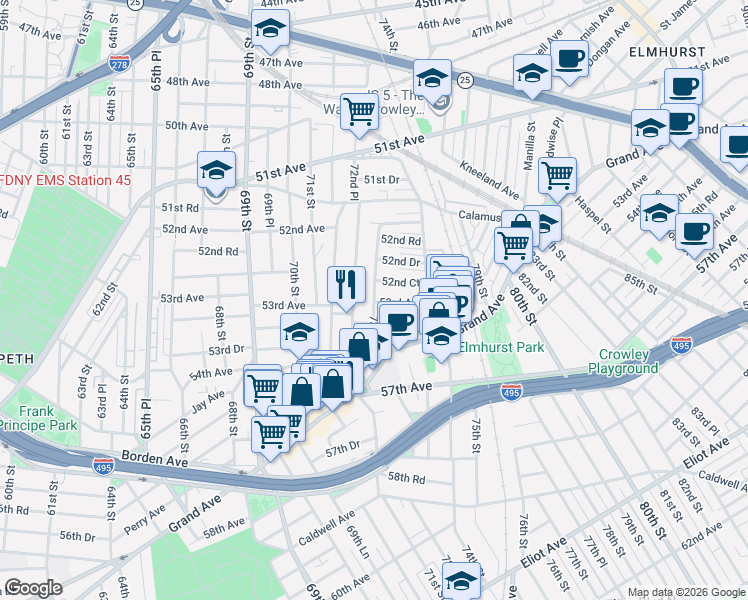 map of restaurants, bars, coffee shops, grocery stores, and more near 73-14 53rd Avenue in Queens