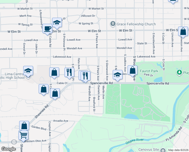 map of restaurants, bars, coffee shops, grocery stores, and more near 804 S Pears Ave in Lima