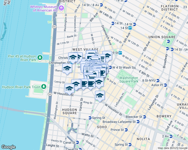 map of restaurants, bars, coffee shops, grocery stores, and more near 270 Bleecker Street in New York