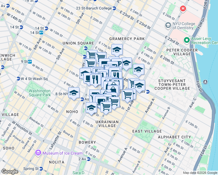 map of restaurants, bars, coffee shops, grocery stores, and more near 222 East 12th Street in New York