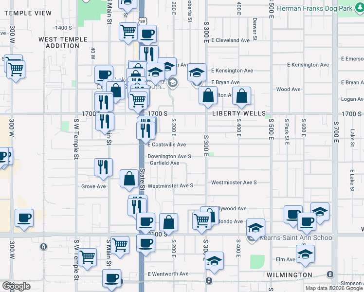 map of restaurants, bars, coffee shops, grocery stores, and more near 222 East Coatsville Avenue in Salt Lake City