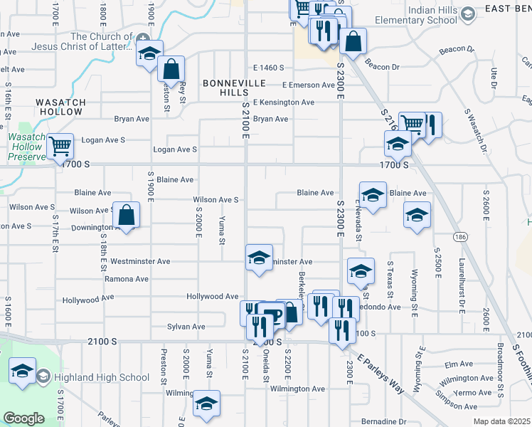 map of restaurants, bars, coffee shops, grocery stores, and more near 2138 Wilson Avenue South in Salt Lake City
