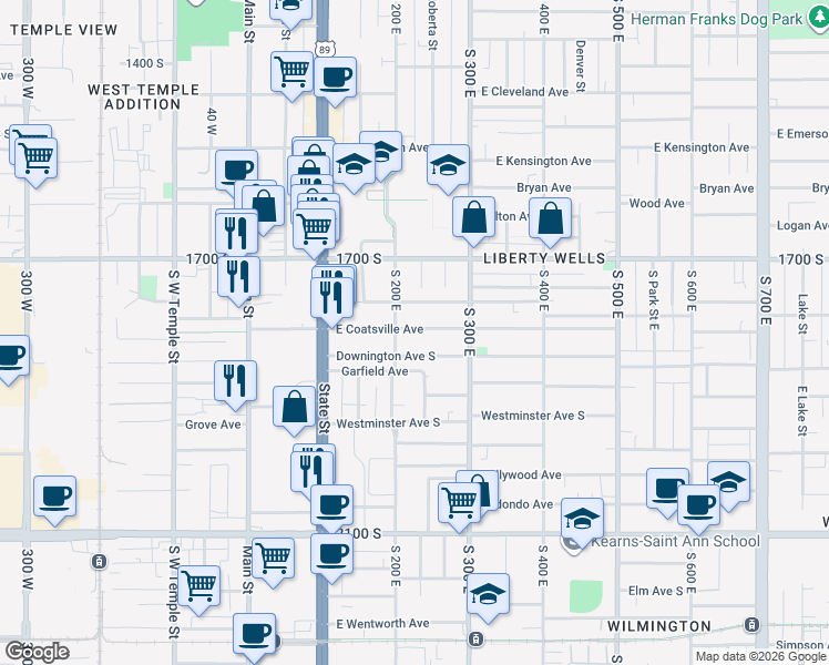 map of restaurants, bars, coffee shops, grocery stores, and more near 222 East Coatsville Avenue in Salt Lake City