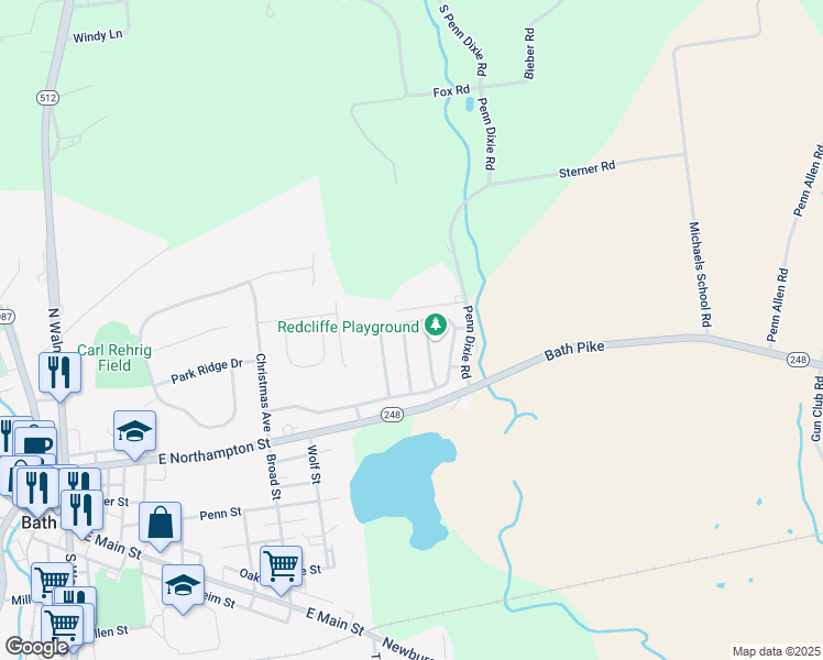 map of restaurants, bars, coffee shops, grocery stores, and more near 3579 Penfield Way in Nazareth