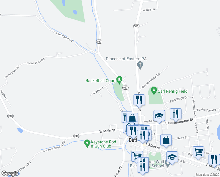 map of restaurants, bars, coffee shops, grocery stores, and more near 517 Old Forge Drive in Bath