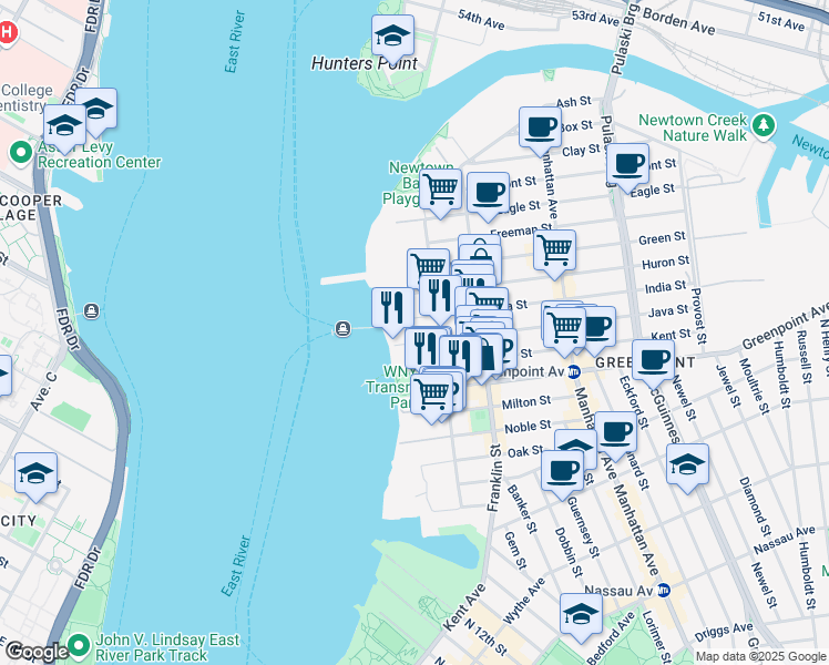 map of restaurants, bars, coffee shops, grocery stores, and more near 18 India Street in Brooklyn
