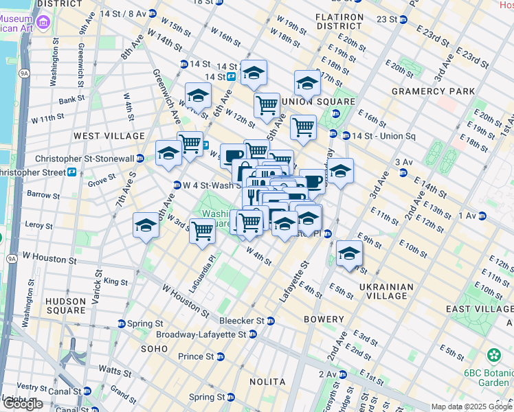 map of restaurants, bars, coffee shops, grocery stores, and more near 8 Washington Mews in New York