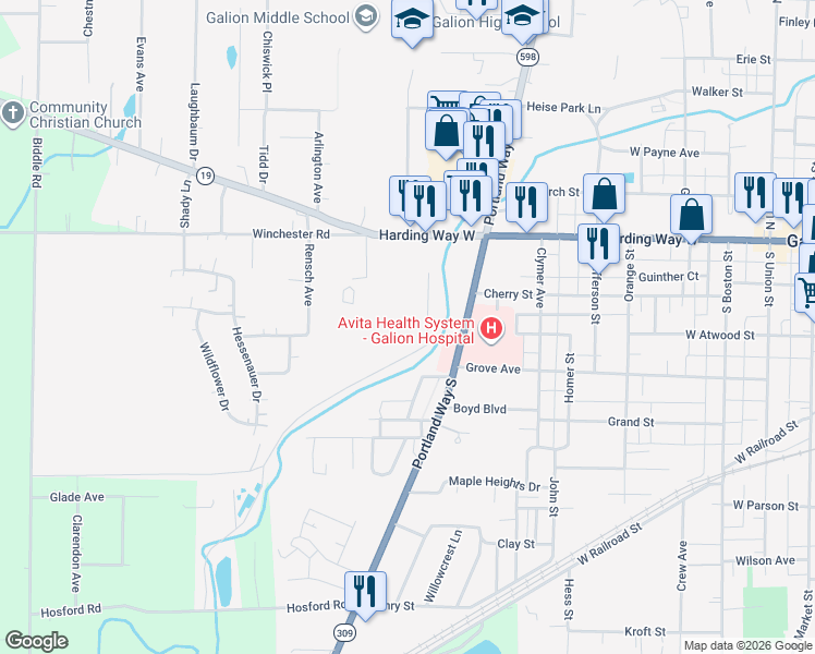 map of restaurants, bars, coffee shops, grocery stores, and more near in Galion