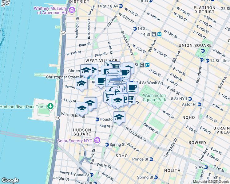 map of restaurants, bars, coffee shops, grocery stores, and more near 259 Bleecker Street in New York